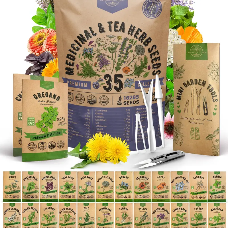 35 Medicinal & Tea Herb Seeds Variety Pack for Indoor & Outdoors. 16,335+ Non-GMO Heirloom Garden Seeds: Anise, Bergamot, Borage, Cilantro, Chamomile, Dandelion, Rosemary Seeds & More