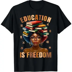 Lady's Casual Short-Sleeve Round Neck Clothes, Black History Month Education Is Freedom Afro Teacher OOTD Sporty Sports Outerwear Top