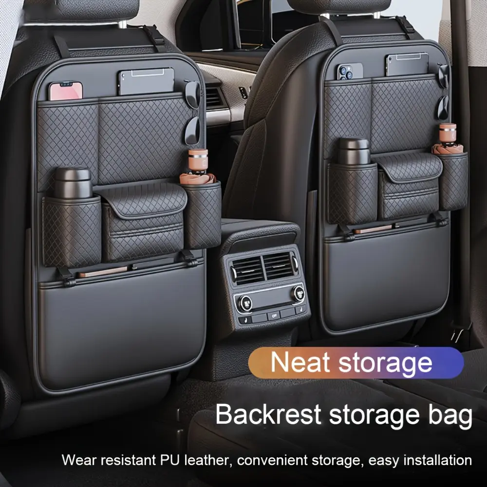 [Stylish Car Seat Organizer] High Quality 1pc Black PU Leather Car Seat Back Organizer | Large Capacity Multi Compartment Storage Bag for Water Bottles, Tablets, Laptops And Accessories - Stylish Backseat Organizer for Easy Car Storage