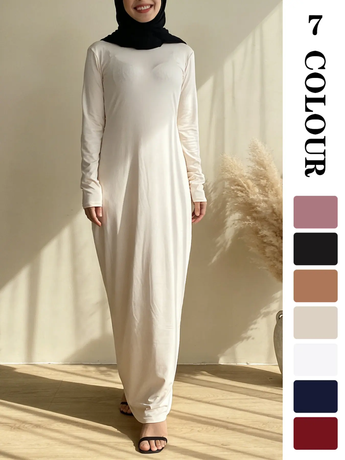 Muslim Sleepwear Plain Long Sleeve Fitted Dress, Islamic Clothing, Hijabi Cute Dresses, Muslim Women Gowns, Essential for All Muslim Women, 7 Colors, 5 Sizes, Suitable for All Ages