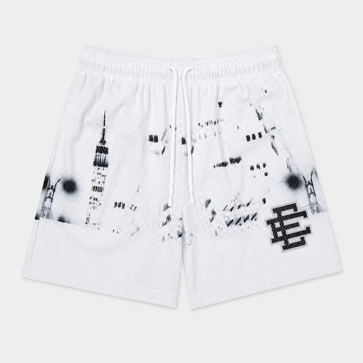 Eric Emanuel Men’s Skyline Graphic Mesh Basketball Shorts, Urban Print Athletic Gym Shorts, Breathable Casual Streetwear Shorts with Elastic Waist