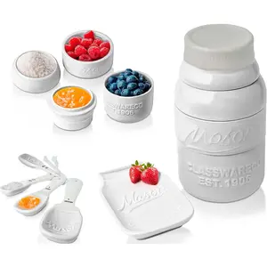 Mason Jar Kitchenware - White Ceramic Decor with 4 Measuring Cups, 4 Measuring Spoons, and Spoon Rest -  Style