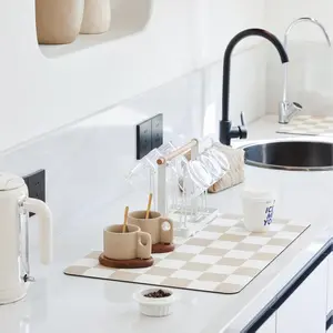 Checkered Dish Drying Mat for Kitchen Countertop Coffee Bar Station Accessories Retro Cute Aesthetic Modern Absorbent Drainer Mat Kitchen Drying Mat Easy Clean Beige 12" x 19" Super Absorbent Anti Slip Backing Durable Versatile Usage