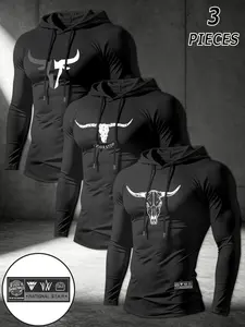 Men's 3-Piece Set, Western Style Bull Skull Print Hooded Long Sleeve, Casual Sportswear Outfit, Perfect Gift for Friends or Self