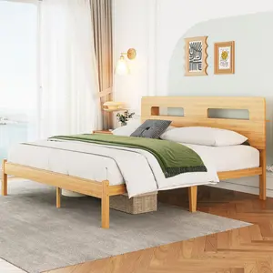 Solid Wood and Metal Iron Bamboo Bed 14" Heavy Duty Platform Frame with Headboard Noise-Free Assembly No Box Spring Needed Sturdy Support for Modern Bedrooms