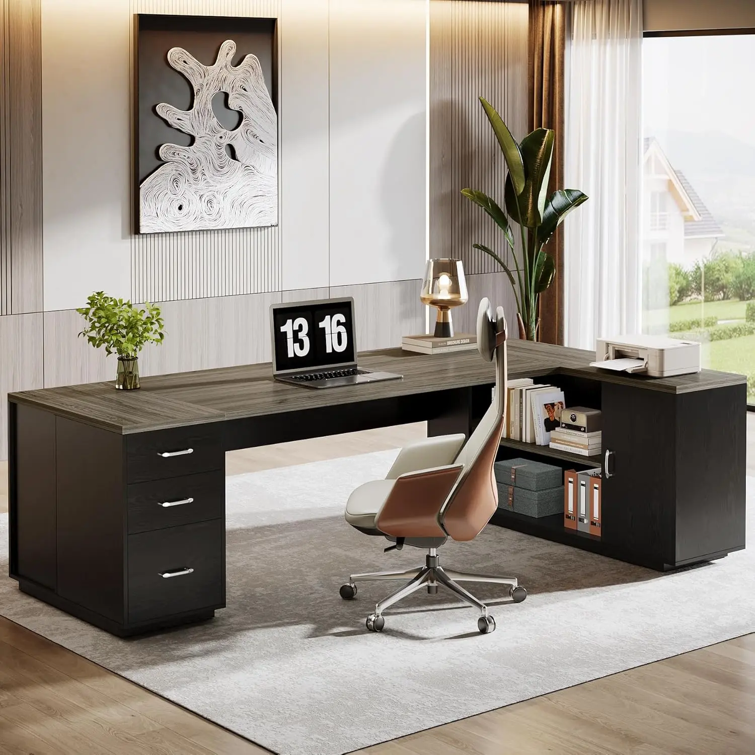 LITTLE TREE 85.8-Inch L-Shaped Executive Office Desk with File Drawers & Storage Cabinet, Professional Corner Computer Desk Extra Large Business Workstation with Adjustable Shelves
