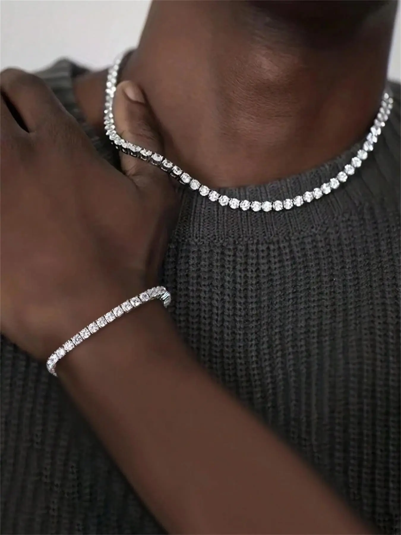 Men's Zircon Tennis Chain Necklace and Bracelet Set, Hip-Hop Style Jewelry Sets, Perfect Gift for Holidays, Daily Wear Accessories