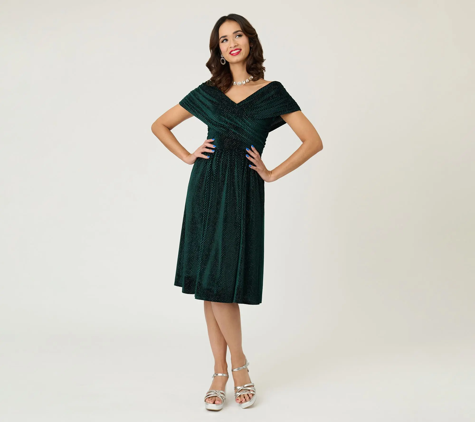 Unique Vintage Emerald Velvet Shirred Swing Dress