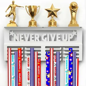 Medal Hanger Display with Trophy Shelf - Metal Awards Rack for Walls Holds 64+ Sports Medals- Our Never Give Up 16" Medal Holder Awards Trophy Display