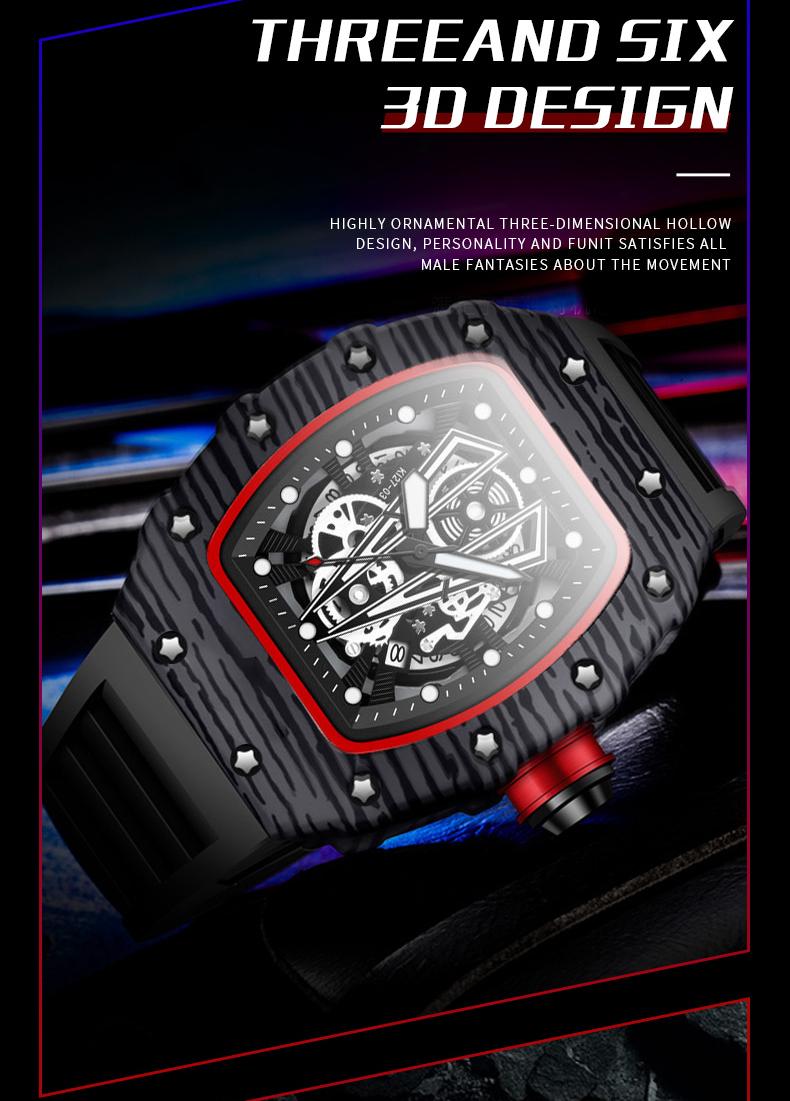 Men's Carbon Fiber Skeleton Tonneau Watch, Black Silicone Band, Sporty Quartz Wristwatch