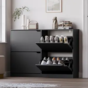 Shoe Storage Cabinet, Wood Shoe Organizer for Entryway with 4 Flip Drawers, Freestanding Shoe Rack with Adjustable Shelf, Narrow Shoe Dresser for Front Door Entrance