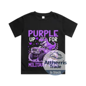 Purple Up for Military Kids Military Child Month Dinosaur Cotton T-shirt, Graphic Print Round Neck Short Sleeve Casual Tee for Boys Girls