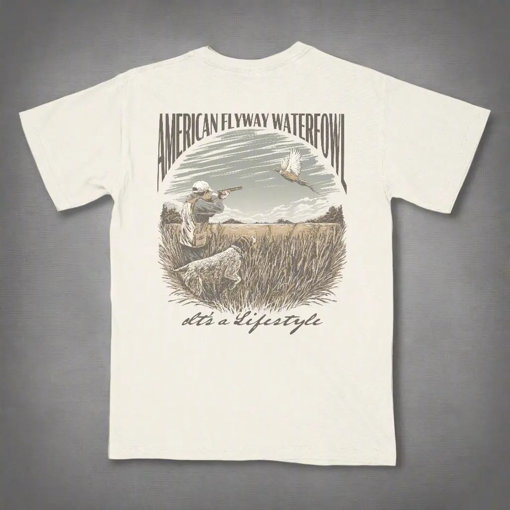 American Flyway Waterfowl Men's Fitted Shortsleeve Round Neck Ivory T-Shirt - Medium Length, Pocket Detail, Flying Bird Art, Stylish, Field to Casual Summer Outdoor Top for Outdoorsmen (Sports & Outdoor Clothing), Outdoor Ready