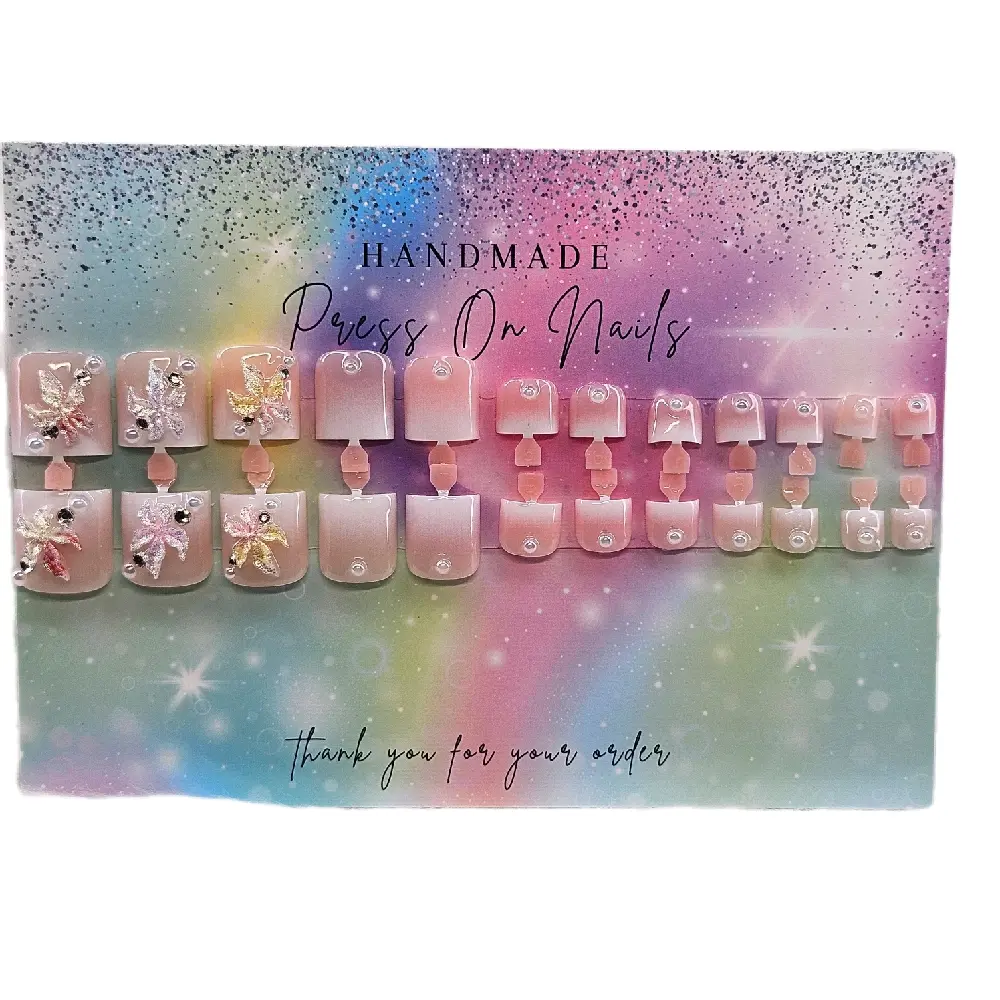 Handmade 24 Piece Pink and White Ombre Toenail Press On Nail Set with Sparkling Accents
