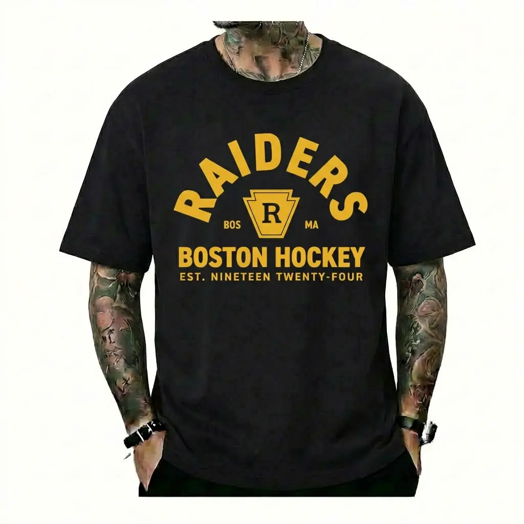 Men's Boston Hockey Raiders Vintage Graphic T-Shirt - Est 1924 Retro Collegiate Varsity Style, Unisex Breathable Cotton Casual Fabric Round Neck Short Sleeve Game Day Sports Fan Apparel White Tshirt