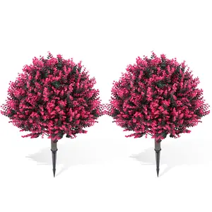 24" Artificial Rose Eucalyptus Topiary Ball Trees, Faux Boxwood Shrubs with Ground Spikes, Fake Evergreen Plants for Garden, Patio, Porch, Decor