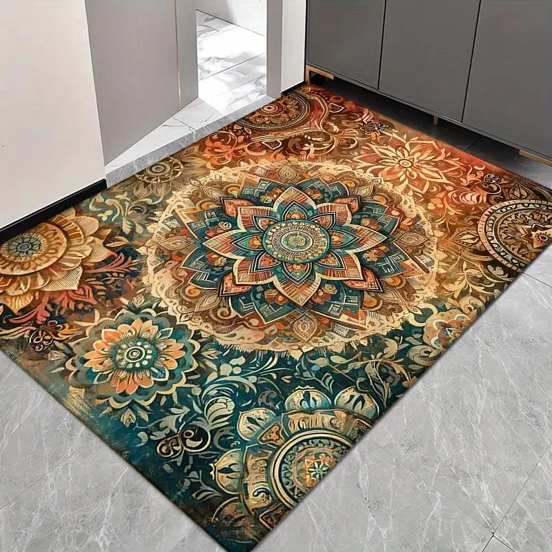 1-Piece Mandala Flower Flannel Doormat (0.12in High), Non-Slip Waterproof Polyester Fiber Indoor Outdoor Rugs, Fade-Resistant Machine-Washable, Blue Orange Red Beige Floral Print for Entrance Kitchen Bathroom