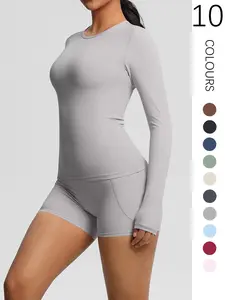 Women's Solid Long Sleeve Tee & High Waist Shorts Sportswear Set, Sweatsuit Set, Breathable Sweat-absorbing Outfits for Gym Workout Running, Ladies Sportswear for All Seasons