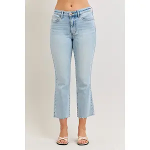 Judy Blue Mid Rise Kick Flare Raw Hem Cropped Jeans 881096, Stretchy Cotton Denim Womenswear Bottom, Light Wash Women's Petite Short girl friendly