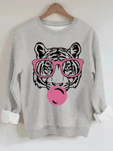 Women's Casual Tiger Print Hoodie, Soft Long Sleeve Round Neck Pullover Graphic Sweatshirts, Comfortable Everyday Wear, Durable Fabric