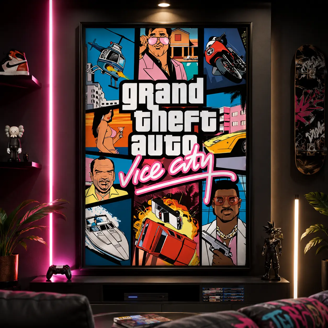 Grand Theft Auto Vice City Retro Comic Canvas Wall Art, Classic GTA Video Game Poster, Vintage 80s Miami Gaming Decor for Game Room Man Cave Bedroom, Framed Unframed Multiple Sizes