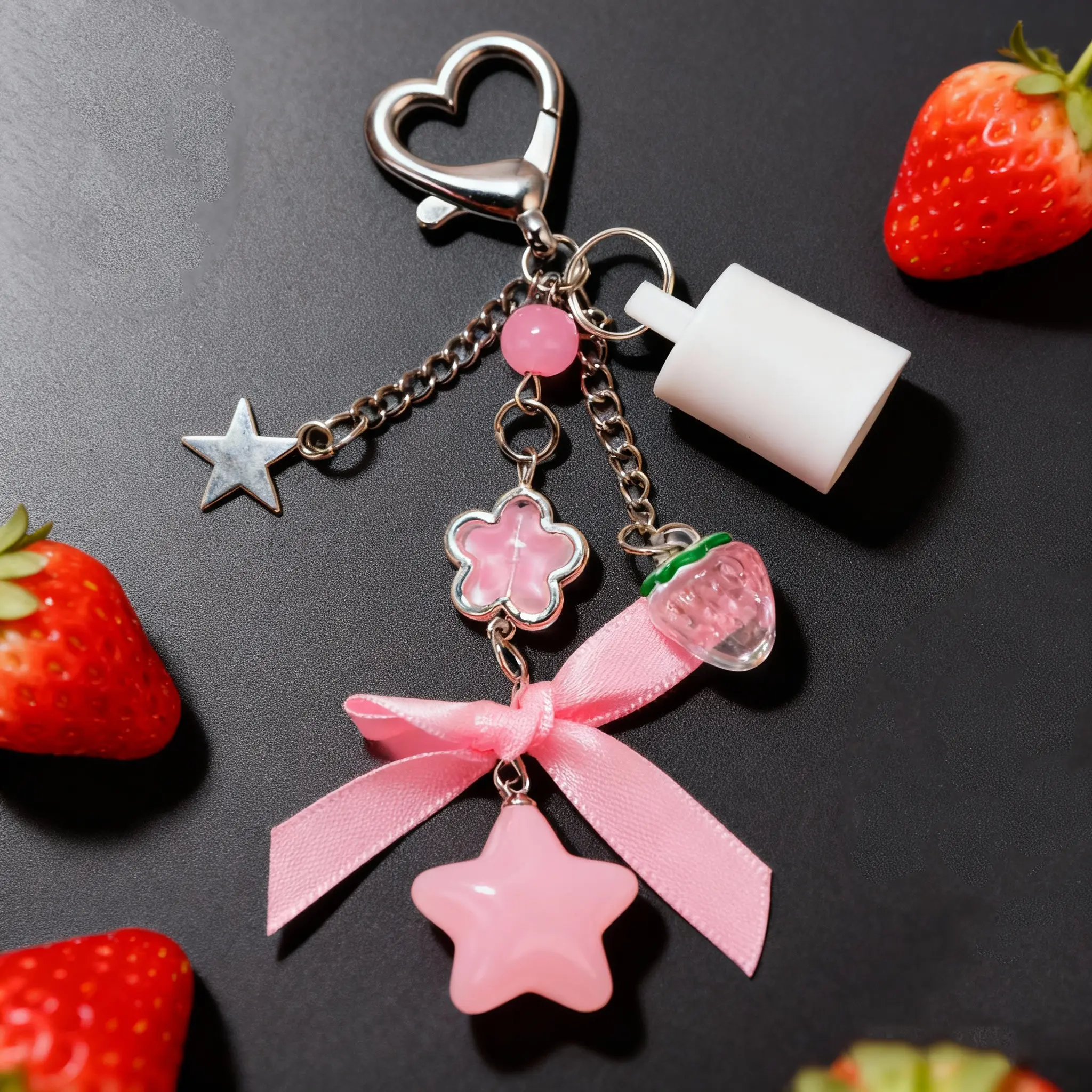 Lip Gloss Holder Keychain, Kawaii Coquette Bag Accessory with Pink Satin Bow, Strawberry & Star Charms, Durable Lightweight Case for Birthday Valentine Gift, Lightweight Keychain, Kawaii Accessories, Unisex, Cute, Heart Hook, Alloy