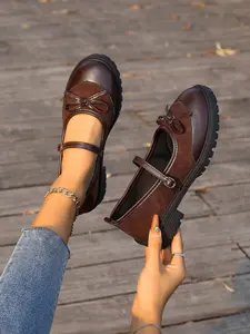 Fashion Leopard Print Flat Mary Jane Shoes, Buckle Design, Round Toe, Bow Detail, Thick Sole, Retro Sweet Style, All Seasons