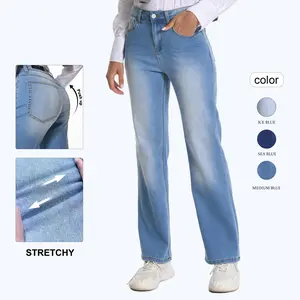 ONESO Women's Straight Leg Jeans Mid Waist Loose Stretchy Lightweight Denim Pants For Spring & Summer OSW031-N