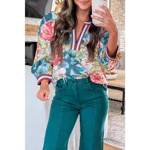 Women's Sky Blue Floral Top with Contrast Trim, V-Neck, and Cuffed Bracelet Sleeves - Women's Clothes