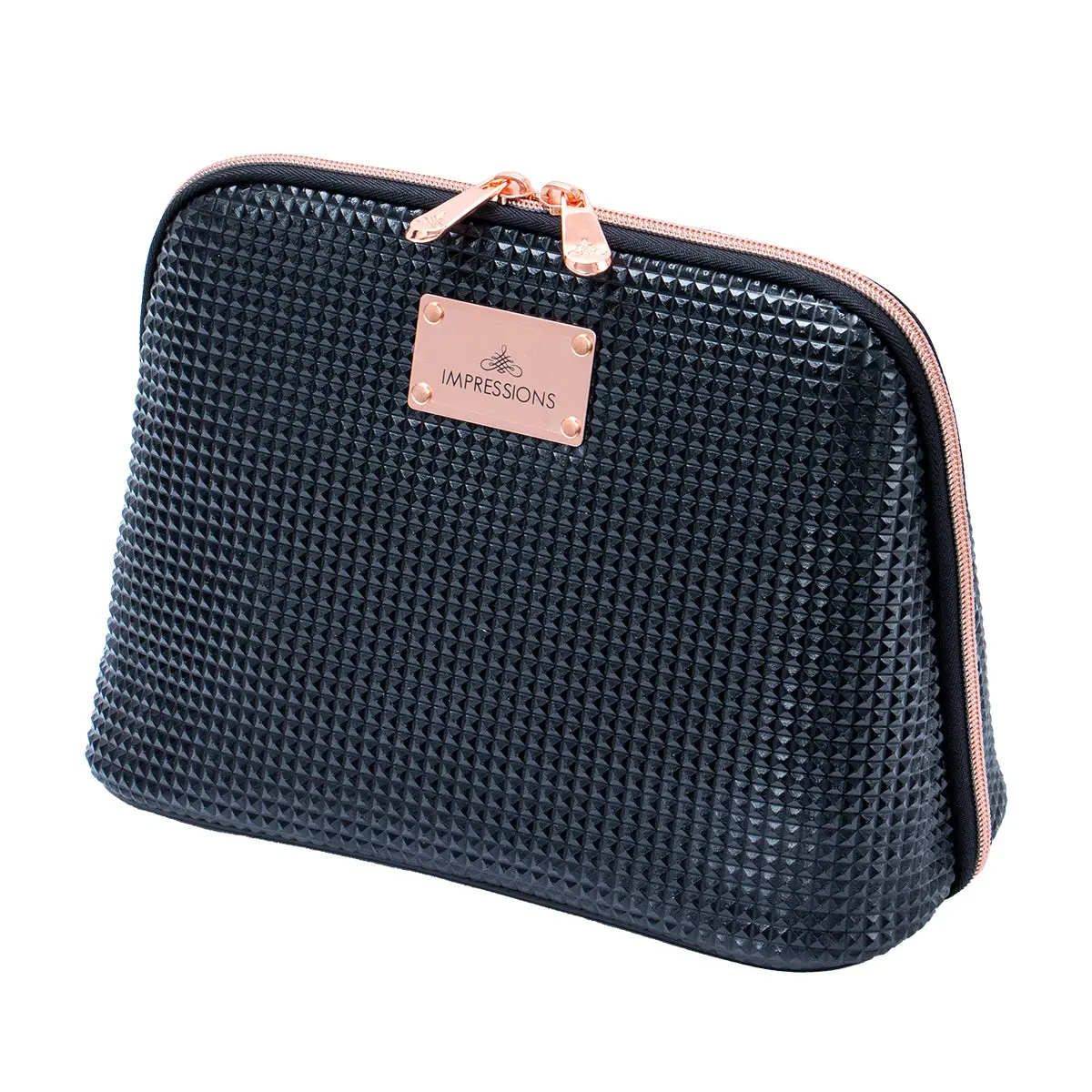 IMPRESSIONS VANITY.COMPANY Raven Chic Pyramid Studded Faux Patent Leather Makeup Organizer Pouch, Large Travel Bag with 2 Zippered Compartments & Rose Gold Accents, Travel Cosmetic Bags, Cosmetic Pouch, Water Resistant