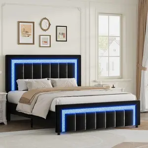 [summervibes] HOMBCK Bed Frames with LED Lights and Velvet Upholstered Headboard, Bed Frame with Modern Diamond Headboard Adjustable, Wooden Slats Support, Noise Free, No Box Spring Needed
