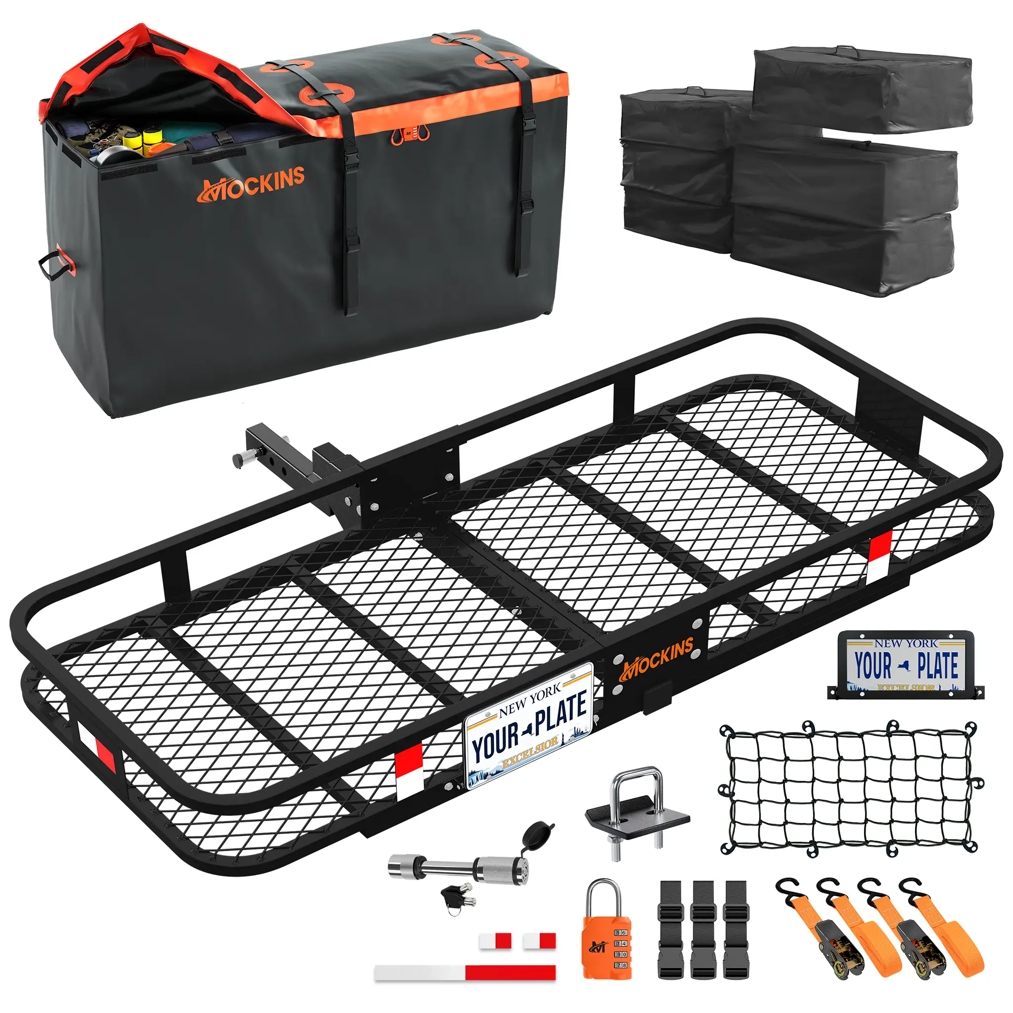 Mockins 60"x24"x6" Trailer Hitch Cargo Carrier & 30 CuFt Waterproof Cargo Bag with 6 Packing Cubes