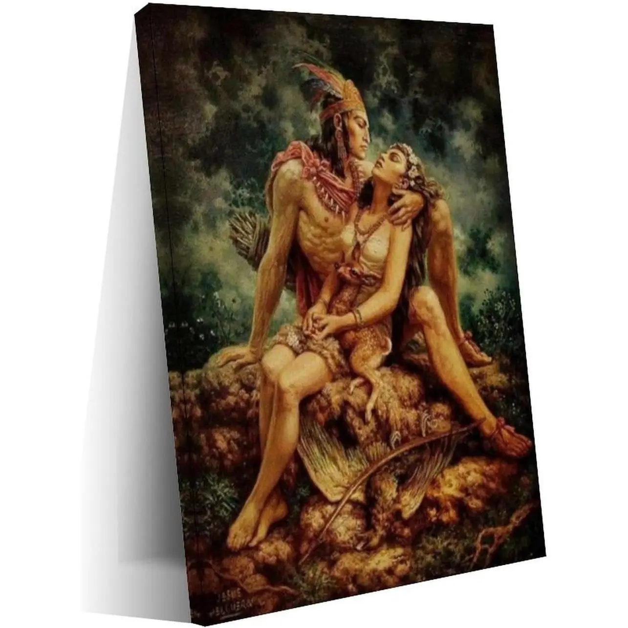 Artistic Aztec King & Chicano Woman Portrait Canvas Wall Art Poster, Handmade Inkjet Print, Frame-Style Home Decor for Living Room, 12x18in (30x45cm)