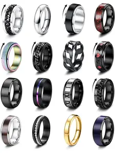 16Pcs Stainless Steel Fidget Rings for Men Women Stress Anxiety Relief Rings Black Cool Chain Band Spinner Rings Set for Wedding Promise Mens Rings Pack