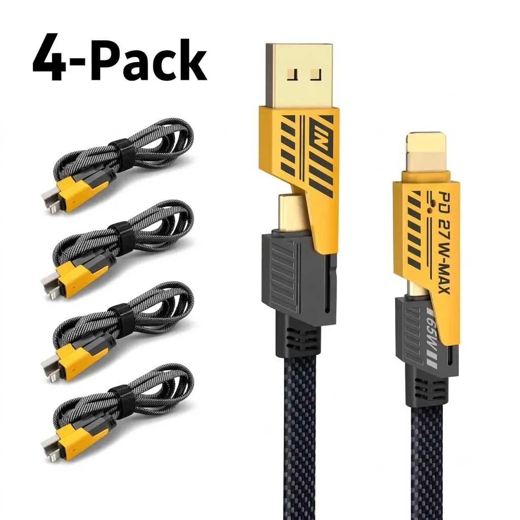 4-Pieces 4-in-1 Fast Charging Cables (47.2in) - Nylon Fiber Braided Electronic Products Accessory, 65W & PD 27W Max, Multi-Plug, Compatible with iPhone 17-12, iPad, MacBook, Samsung Galaxy, Android