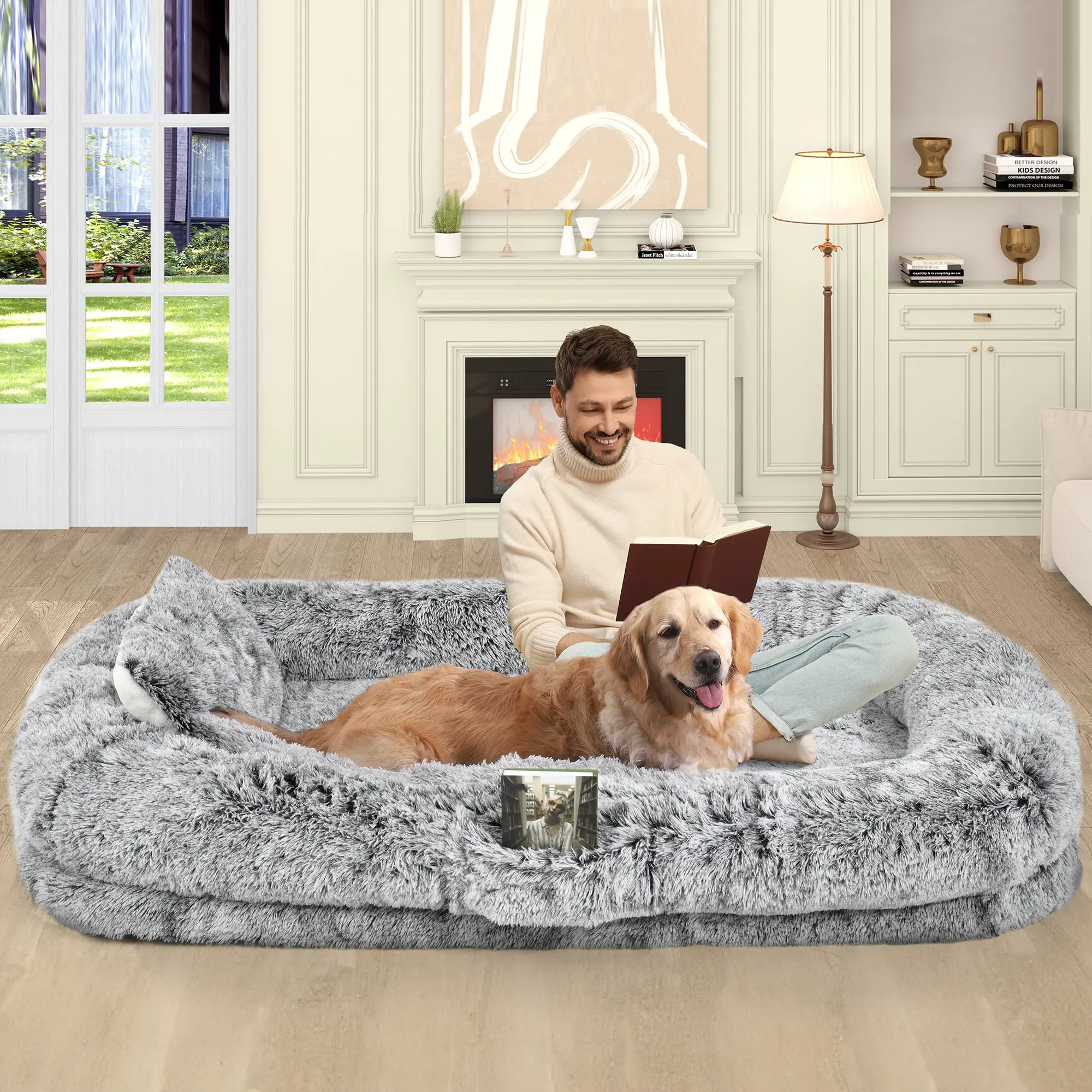 Yitahome Human Dog Bed, 79"x43" Extra Large Memory Foam Dog Beds for Adults and Pets with Blanket and Pillow, Washable Fur Cover