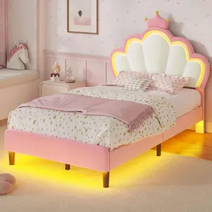SIKAIC Pink LED Bed Frame with Princess Crown Headboard, Twin Size Velvet Upholstered Platform Bed for Girls Bedroom, No Box Spring Needed
