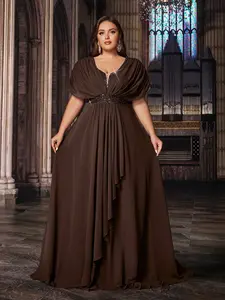 Plus Size Coffee Brown Chiffon Evening Gown V-Neck Cape Sleeve Formal Dinner Party Dress for Special Occasions Non-Stretch Fabric Elegant Silhouette - Fashion