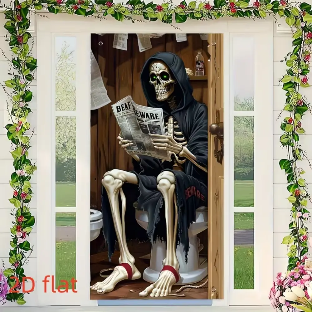 Halloween Door Cover - 35.4x70.9 In Polyester Fabric Door Banner with Corner Metal Grommets, Spooky Witch Skeleton & Bloody Photo Prop Backdrop for Front Door, Bathroom, Porch & Halloween Party Decor, Fun Holiday Gift for Family & Friends