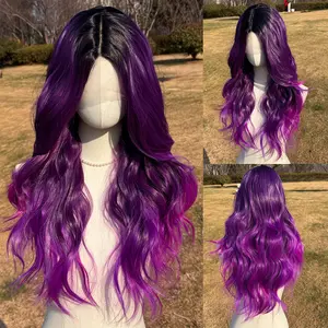 SMILCO 24'' Ombre Purple 13x3 Long Curly Layer Cutted Glueless Natural Hairline 100%Futura Fiber Synthetic Lace Front Wig SM9026 Long Curly Layer Cutted Glueless Natural Hairline 100%Futura Fiber Synthetic Lace Front Wig