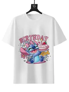 Disney Happy Birthday Stitch! Festive Short Sleeve T-Shirt for Summer Casual Wear 100% Cotton Birthday Gift