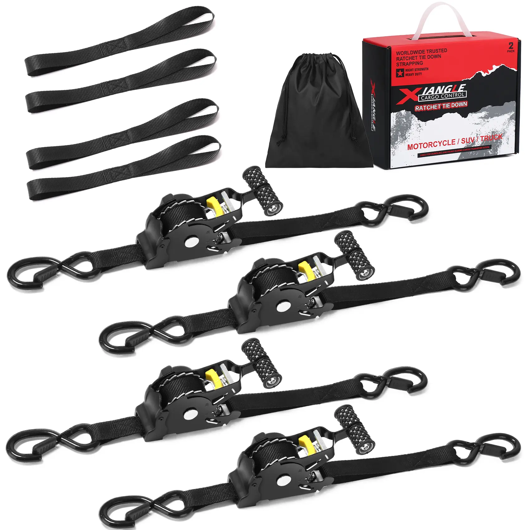 1500lb Heavy Duty Retractable Ratchet Tie-Down Straps - 1x100in Nylon Braided, Soft Loops, No Tangle, Non Slip Grip, Durable for Cargo Trailers, Motorcycles - Fathers Day Gift Option, Nylon Braided Ratcheting Straps, Ratchet Tie-Down Ratcheting Straps