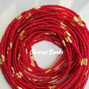Red Waist Beads| Gold Tube Beads| Adjustable Belly Chain Jewelry (45 inches)