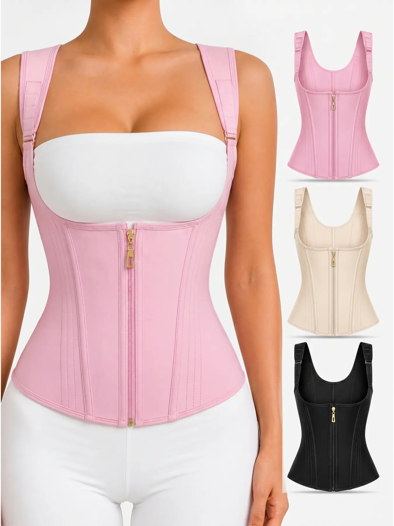 Women’s Posture Support Vest Shapewear, Adjustable Shoulder and Upper Back Trainer with Front Zipper, Open Bust Lightweight Posture Corrector for Office Work, Walking, Exercise and Everyday Wear