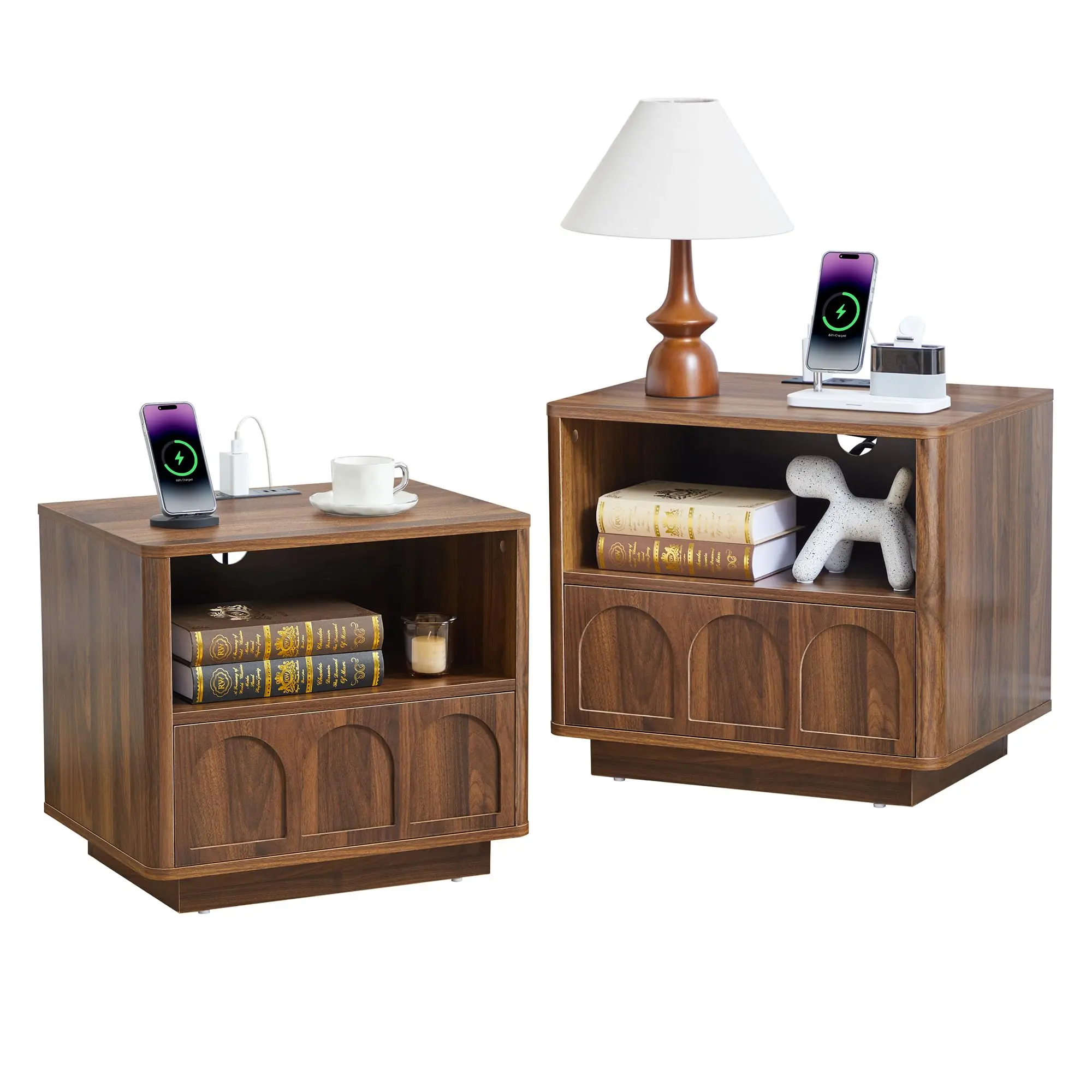 Giratree Small Nightstand with Charging Station, Accent Bedside Nightstand with Drawer, Mid Century Modern Bedroom Side Bed Table with Storage for Dorm, Living Room, Couch Sofa Chair, Office