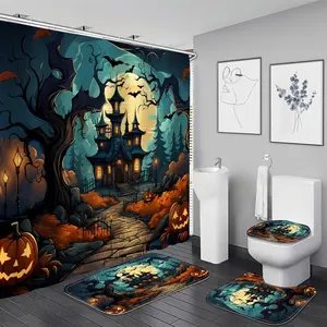 4 Pcs Halloween Shower Curtain Spooky Castle Scary Pumpkin Shower Curtain Set Horror Night Moon Bat Bathroom Sets with Shower Curtain and Rugs Halloween Bathroom Decor Toilet Lid Cover Hooks