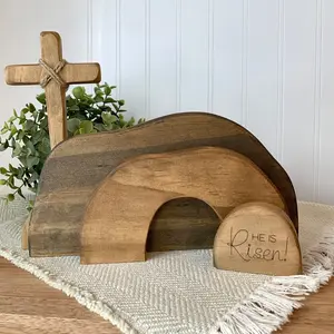 Empty Tomb Display Easter Decor, Christian Resurrection Scene Creche Decoration, He Is Risen Jesus Tomb Ornament, Wooden Cross Decorations for Farmhouse, Tiered Tray and Fireplace