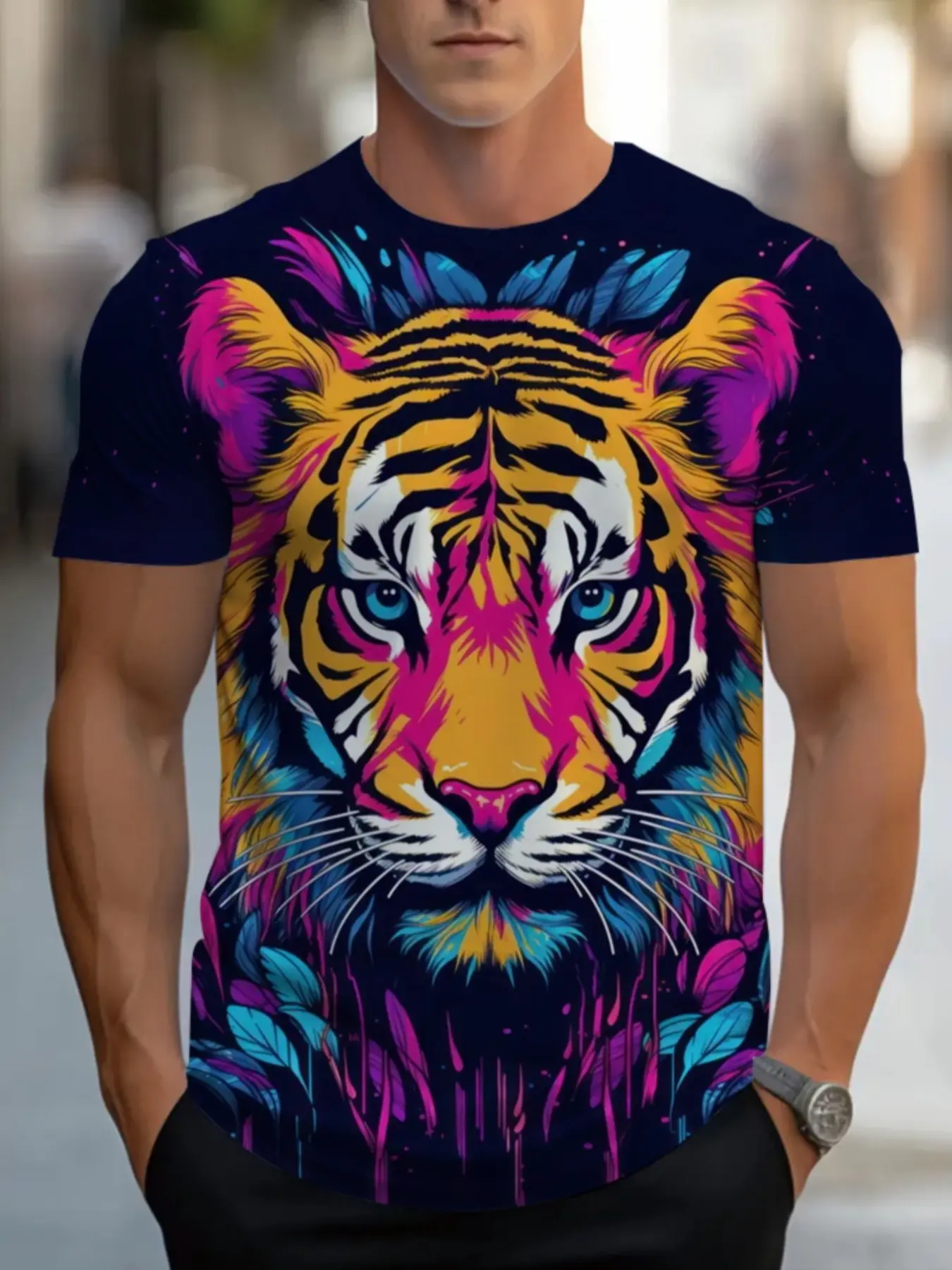 Men's 3D Tiger Print Short T-Shirt - Bright and colorful design, lightweight and comfortable polyester fabric, regular fit for casual dining and leisure wear, comfortable in all seasons, tiger shirt
