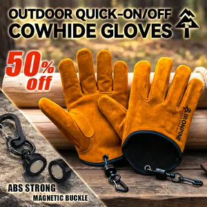 Genuine Cowhide Leather Work Gloves for Men, Quick-Release Magnetic Buckle, Heat Resistant BBQ Gloves, Non-Slip Camping Gloves for Grilling, Fishing, Welding, Heavy Duty Safety Work Gloves for Outdoor Hiking, Gardening, and Construction