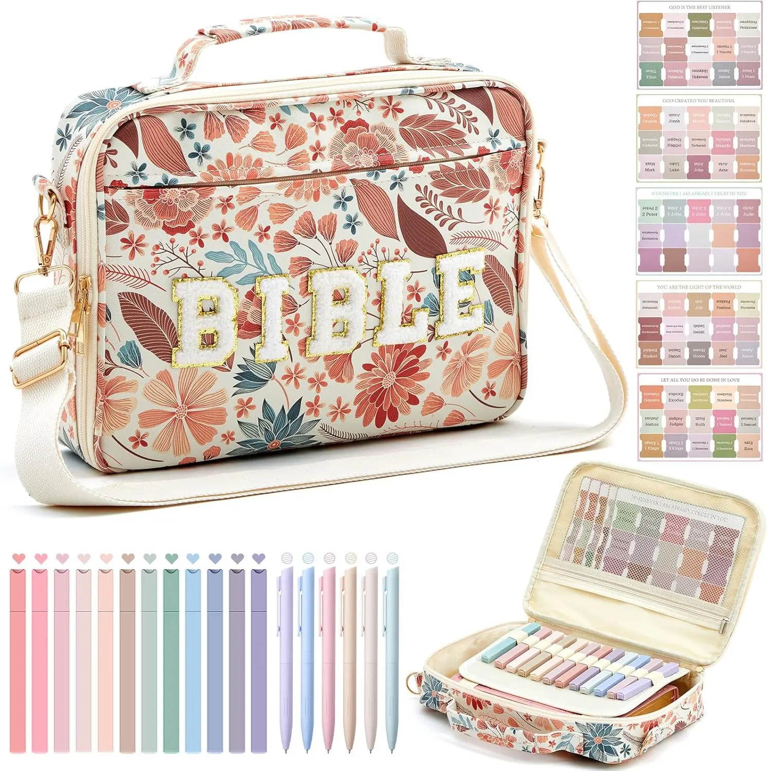 Gejoy Bible Bag for Women Floral Bible Bag 12x9x2.5in Large Chenille Letter Bible Cover PU Leather Bible Case with Tabs Colored Pen Highlighters Tote Bag with Shoulder Strap, Bible Journaling Kit for Church Christian, Sunday Prayer, Bible Studey Supplies